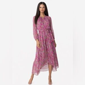 MISA Los Angeles Leila Fuchsia Paisley Chiffon Midi Dress | XS (Fits Small)